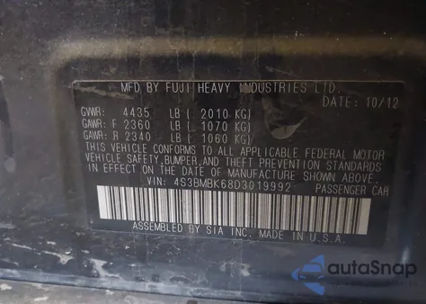 2013 Subaru Legacy 2.5I Limited z USA, uszkodzony, nr VIN 4S3BMBK68D3019992